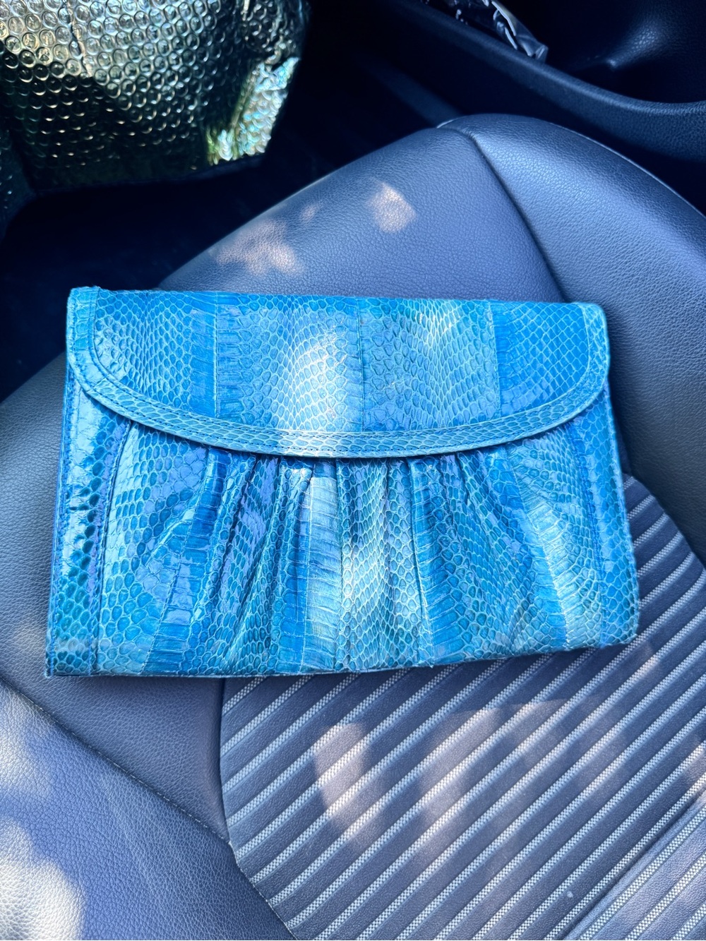 Vintage J. Renee Teal Blue Snakeskin Embossed Pleated Clutch Handbag